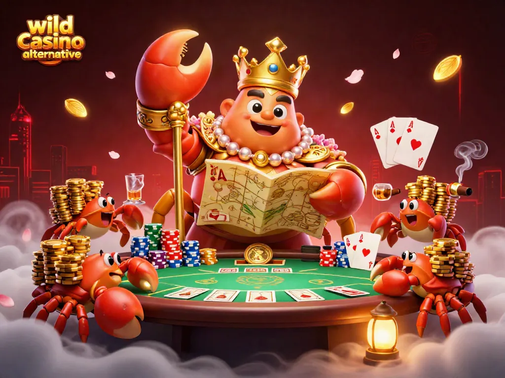 Engage with the wild casino alternative, featuring a golden crab emperor amidst vibrant poker elements.