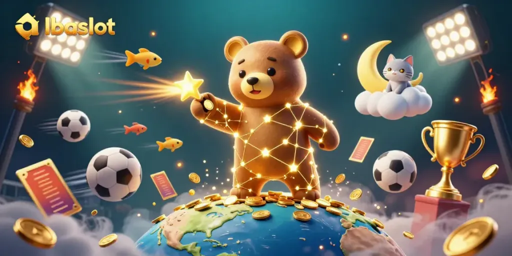 Permainan judi albaslot dengan beruang konstelasi emas, koin, dan unsur olahraga dalam ilustrasi 3D