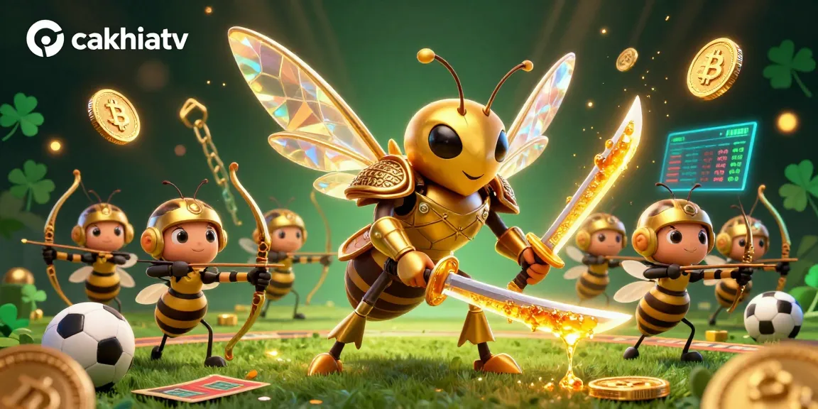 Experience thrilling sports betting with cakhiatv's vibrant 3D illustration of a samurai hornet and sports elements.