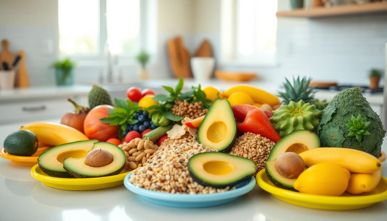 Nutrition-rich display of a fertility diet meal on a countertop, showcasing fruits and whole grains.