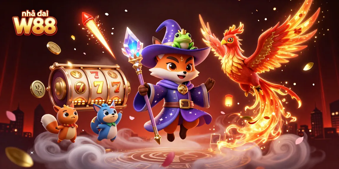 Engage in thrilling wins with Nhà cái W88, featuring an enchanting wizard fox and dynamic slot games.