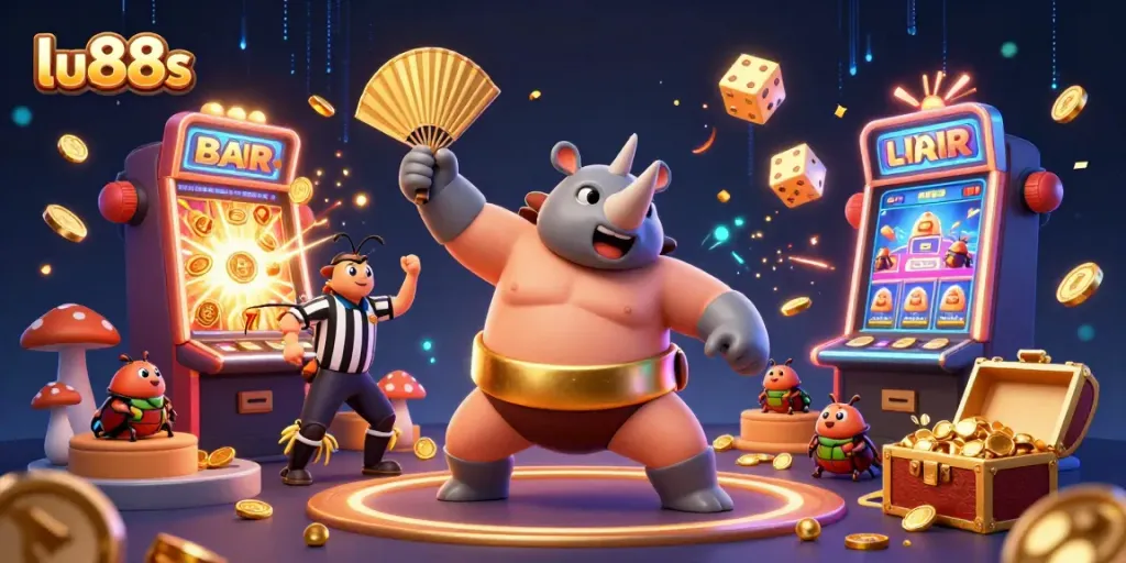 Experience the excitement of lu88s as the beetle champion stomps for jackpot coins in a vibrant casino scene.