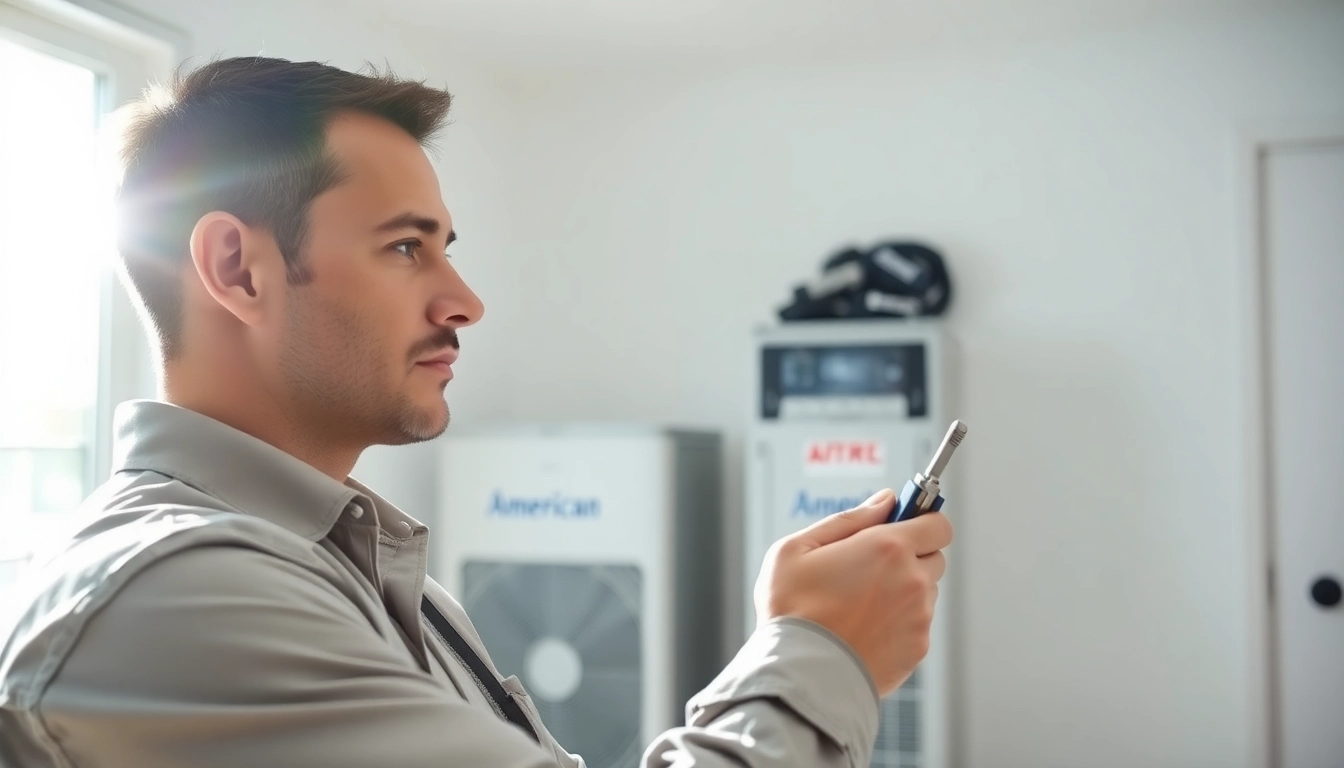 Technician inspecting an American Standard HVAC dealer unit, showcasing expertise and reliability.