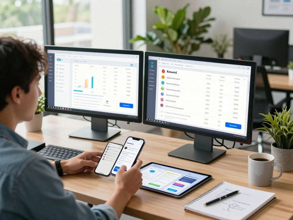 Buy iOS installs while reviewing app rankings in a modern marketing office.