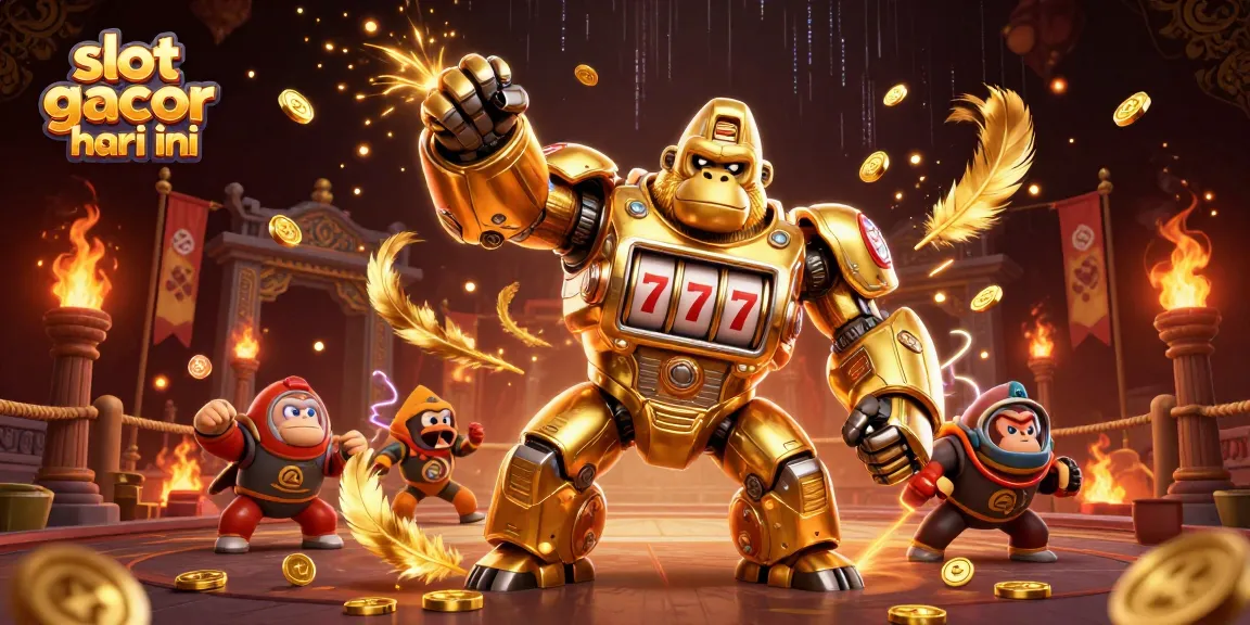 Slot gacor hari ini: ilustrasi 3D mech gorila emas menunjukkan kekuatan mesin slot dengan elemen permainan mengelilinginya.