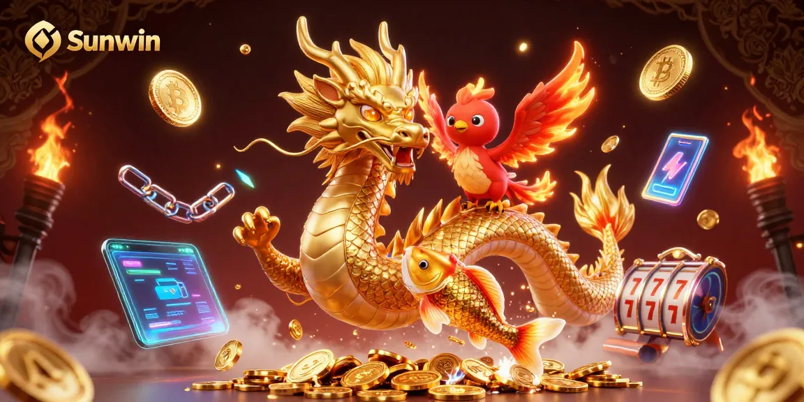 Sunwin players betting joyfully amid a vibrant 3D casino scene featuring a golden dragon, phoenix, and koi fish.