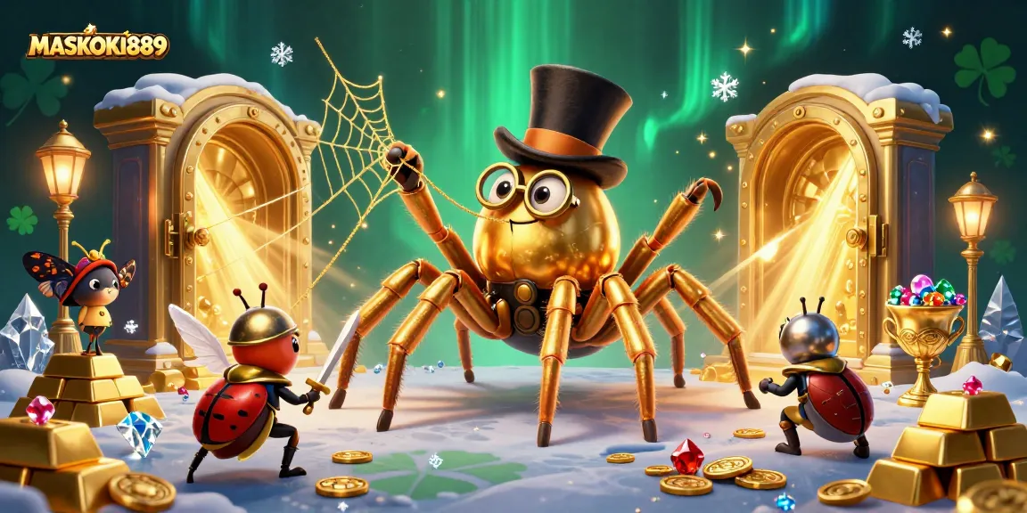 Experience the thrill of MASKOKI889 with a daring beetle knight and golden treasures in this captivating scene.