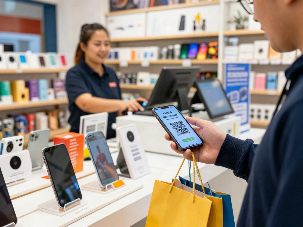 Customer using slot deposit qris on smartphone in vibrant retail store.