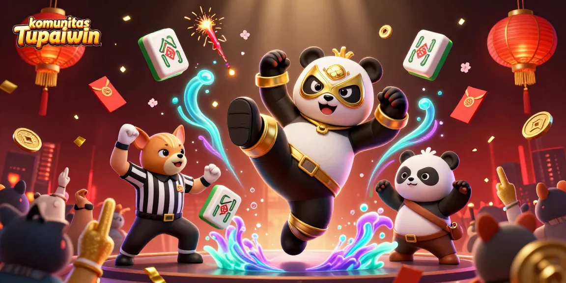 Gambaran komunitas Tupaiwin dengan panda pejuang dan koin berkilau di acara kasino.