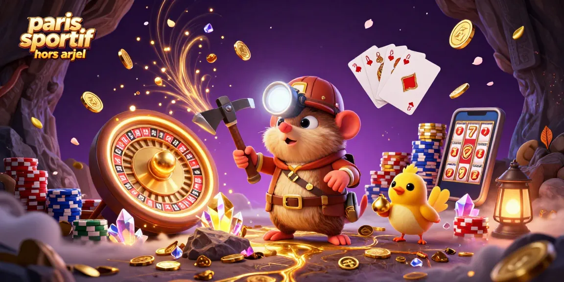 Mole et canari dans une scène de paris sportif hors arjel, entourés de pièces d'or et de jeux de casino.