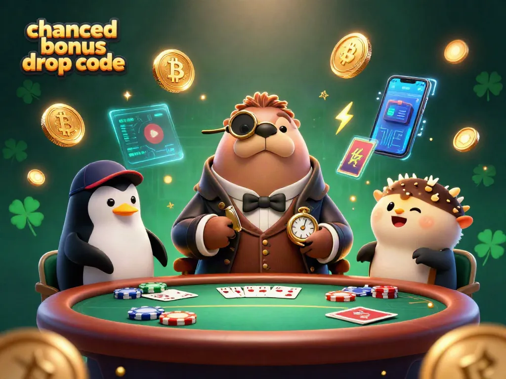 Exciting scene depicting the chanced bonus drop code with a walrus, dealer, and a bluffing pufferfish at a poker table.