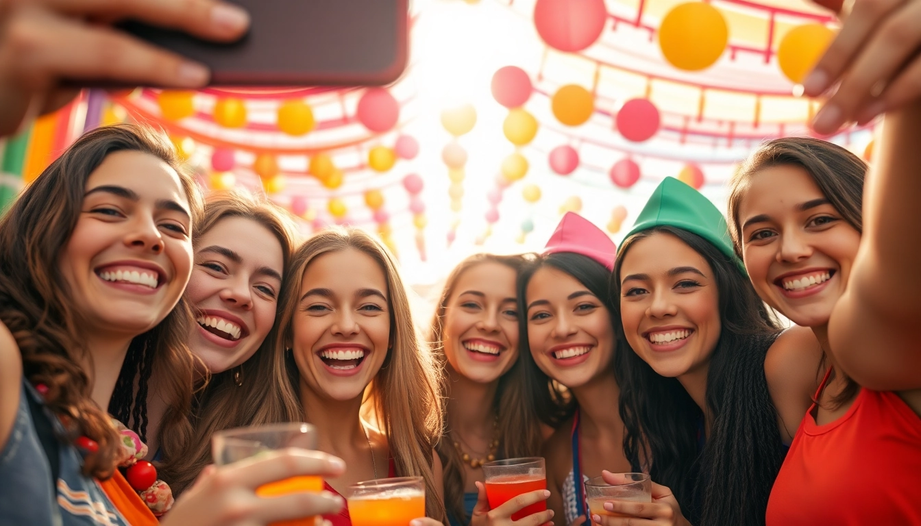 Friends joyfully taking a selfie with colorful decorations in the background.