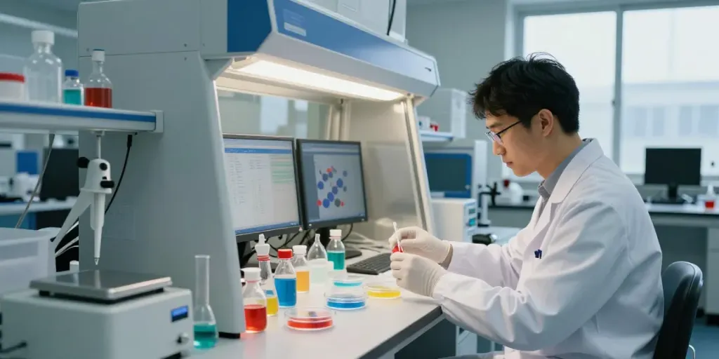 Scientist analyzing research peptides in a vibrant lab setting with lab equipment.