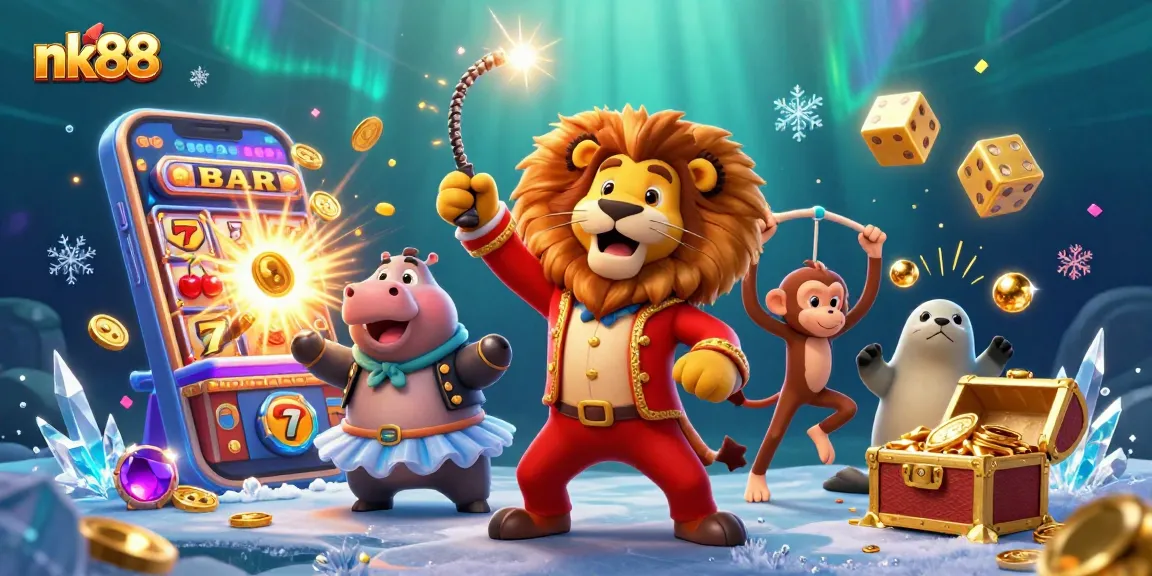 Engage with nk88's vibrant casino world, capturing a circus-themed scene of fun and games.