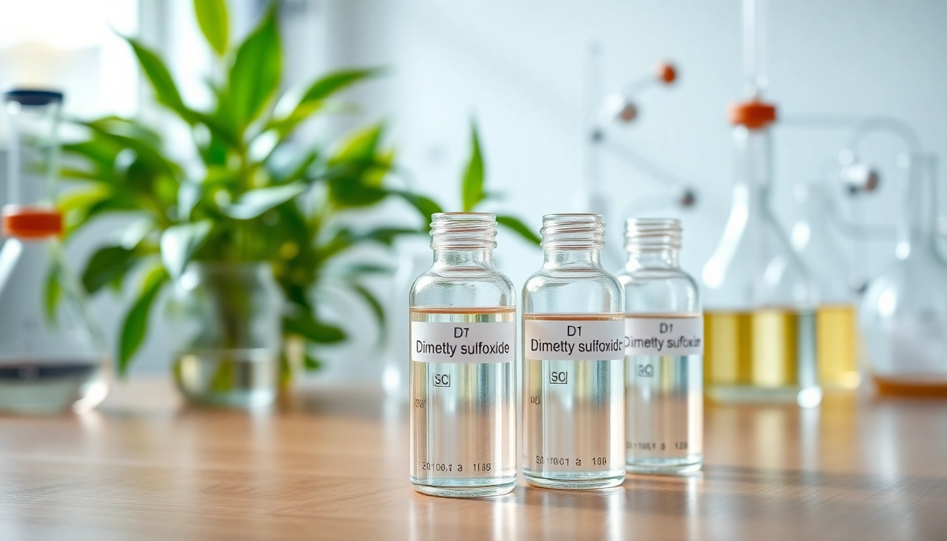 Dimethyl sulfoxide displayed in glass vials on a laboratory bench.