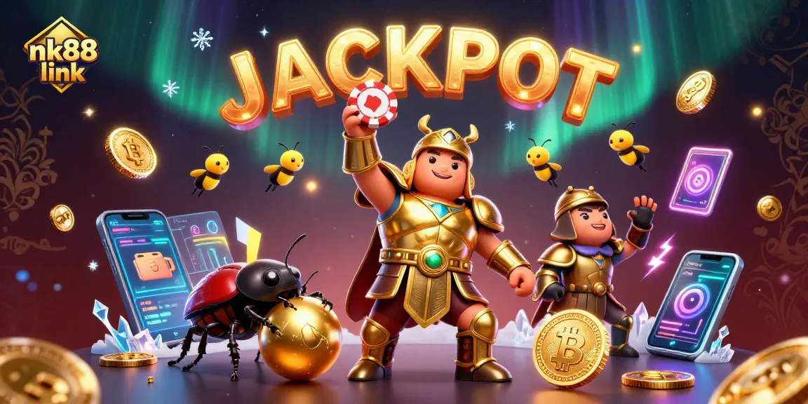 Join the excitement of nk88 link with a triumphant beetle lifting a poker chip amidst dazzling casino elements.