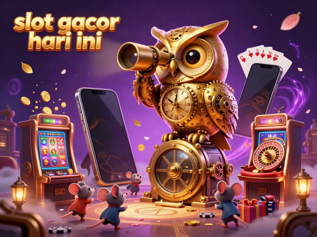 Engage in thrilling slot gacor hari ini action with a colorful 3D casino illustration of a golden owl and wind-up mouse patrons.