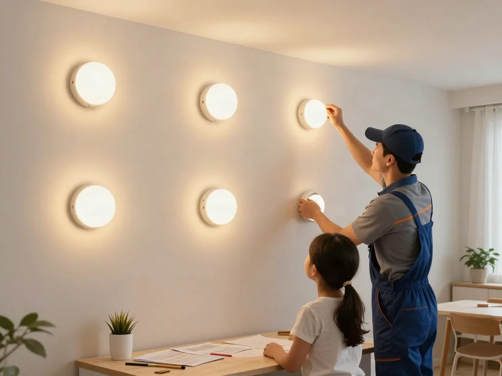 Instalarea aplice LED de către un profesionist în interiorul unei case moderne, iluminat cald.