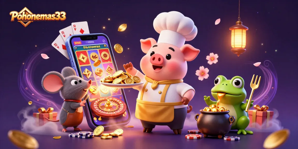 Pohonemas33 showcases a vibrant casino scene with a chef pig serving gold coins, highlighting casino excitement.
