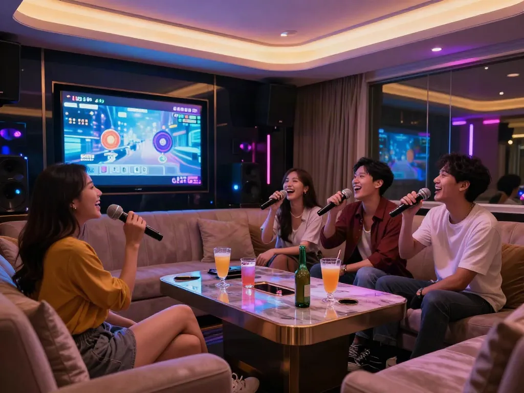 강남 달토 가라오케에서 친구들이 즐겁게 노래 부르고 있는 모습, 세련된 분위기와 조명으로 가득한 공간.