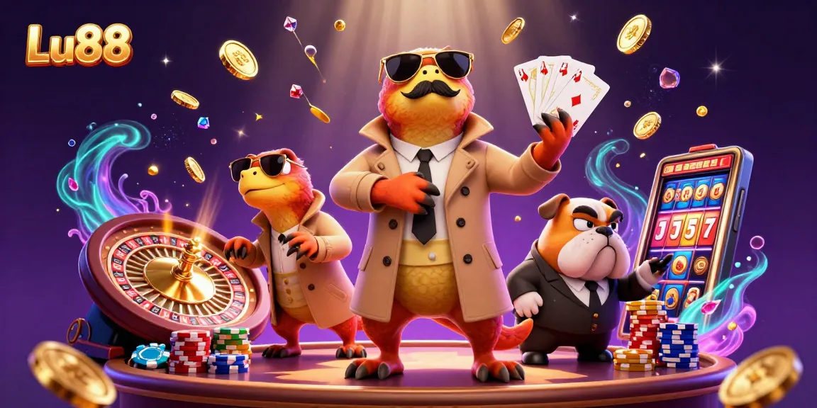 Experience Lu88 with playful raptors in a bustling casino atmosphere filled with gems and gold.