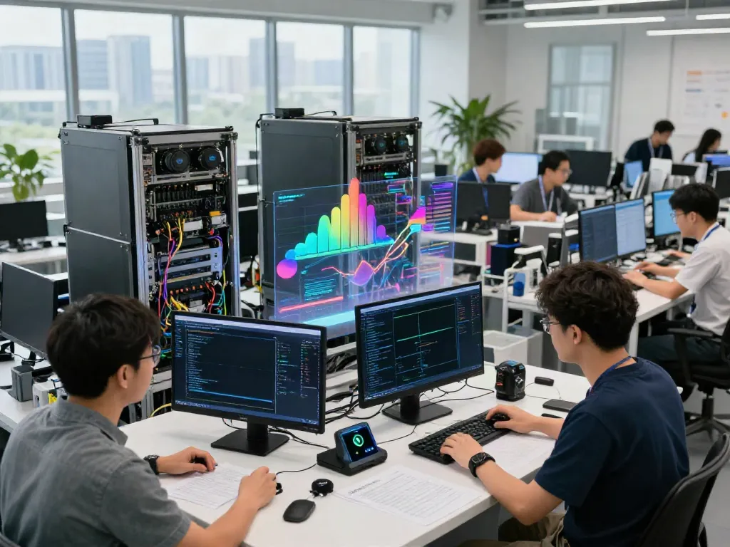 Engineers collaborating in a modern AI factory illustrating the AI Token Economy with GPU metrics and token data.