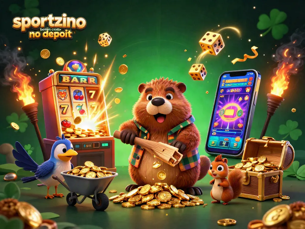 Enjoy fun gaming with sportzino bonus code no deposit featuring a beaver and friends bustling amid gold coins and slot machines.