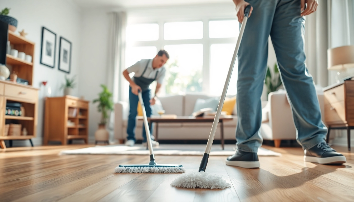 Bond cleaning services in action, showcasing a professional cleaner scrubbing and dusting surfaces.