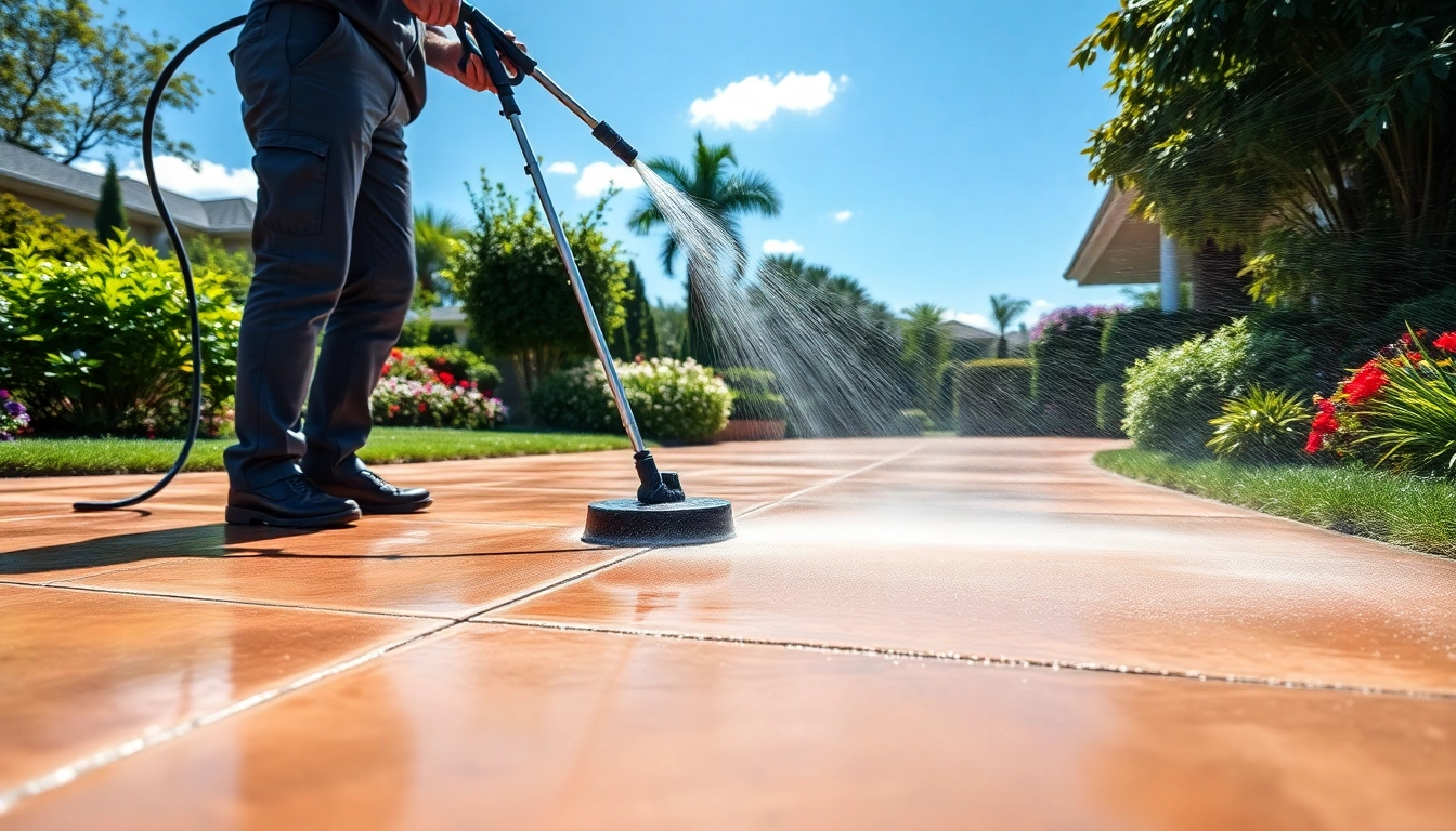 Driveway cleaning service revitalizing a concrete driveway with bright surroundings and effective water spray.