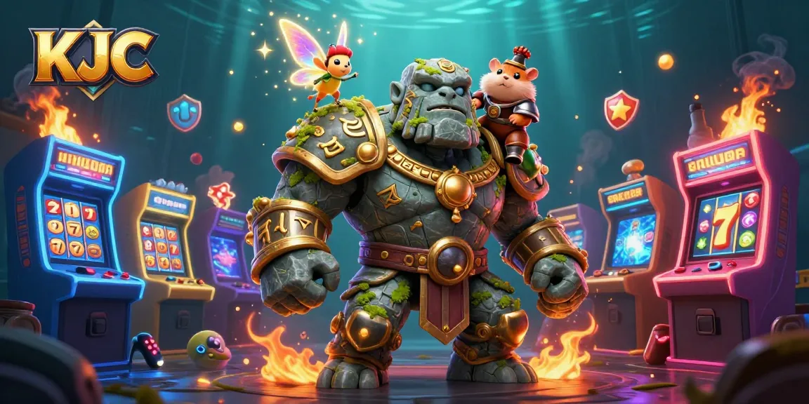 KJC offers vibrant casino experiences with a magical golem, a fairy, and a hamster knight in a rich game scene.