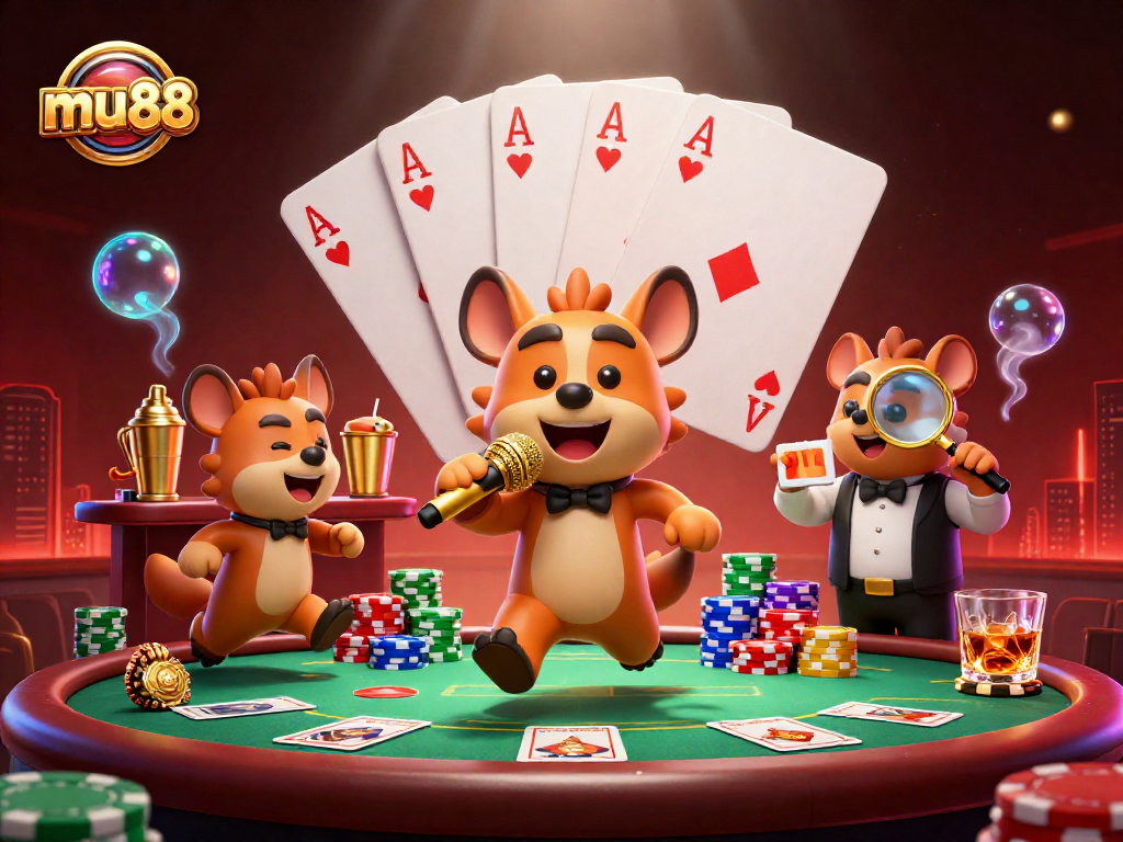 Experience the fun at mu88's comedy casino with lively hyenas and vibrant gaming elements.
