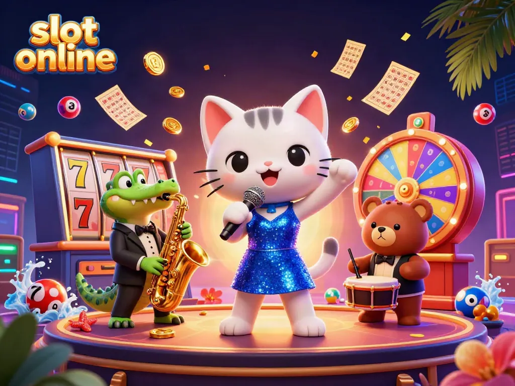 Experience vibrant slot online action with a jazzy cat, crocodile, and bear in a lively casino scene.