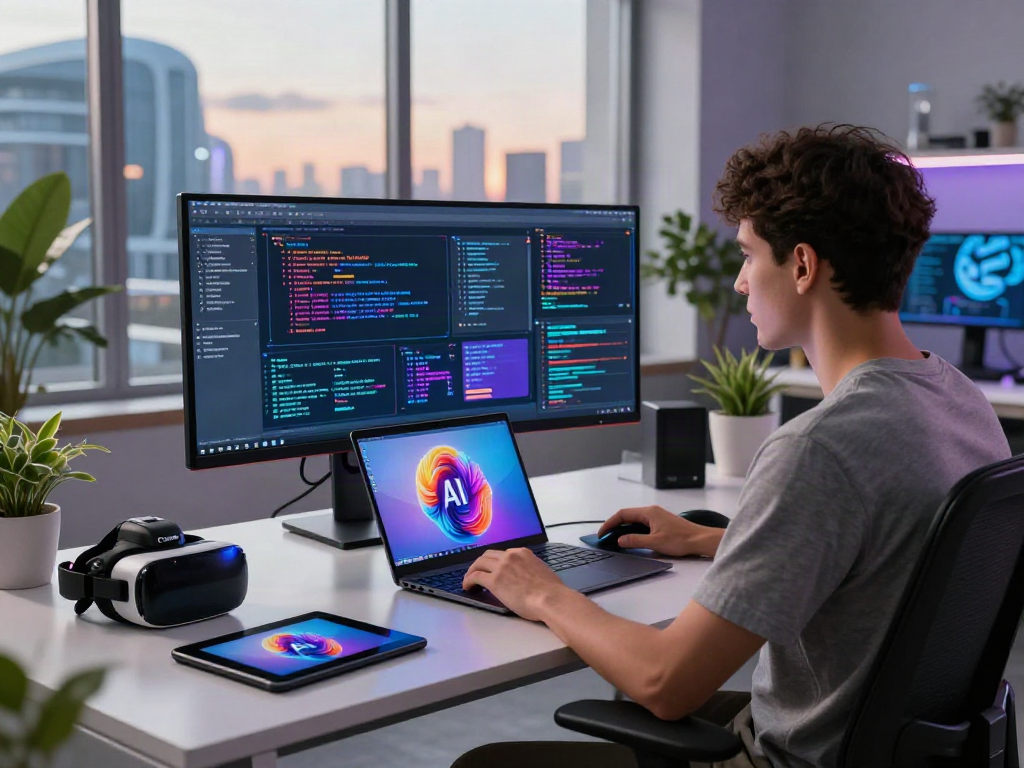 AI-Generated Image Detection workspace with data scientist analyzing algorithms and AI visuals in a modern tech environment.