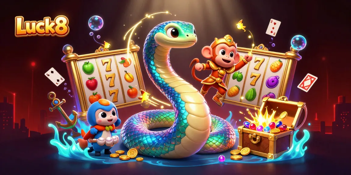 Experience the vibrant Luck8 world with colorful slots and playful characters in a dynamic casino scene.