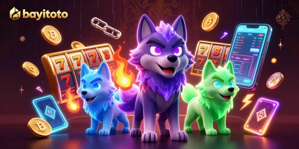 Bermain di bayitoto dengan slot reels dan karakter wolf bercahaya, meramaikan pengalaman judi online.