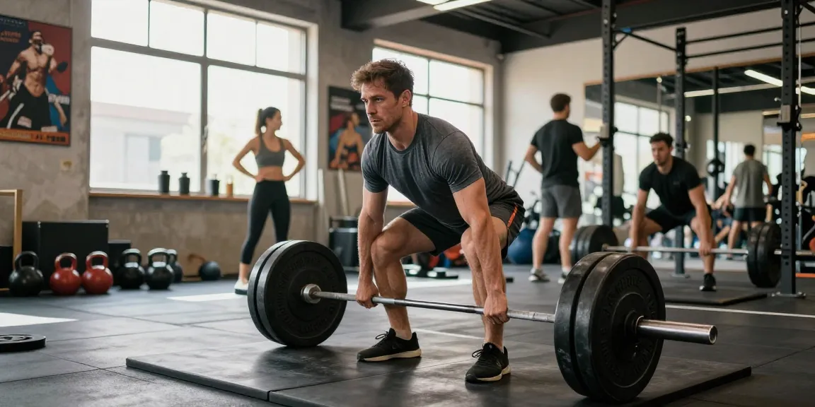 Engaged man lifting weights in stylish mens workout clothes at a gym