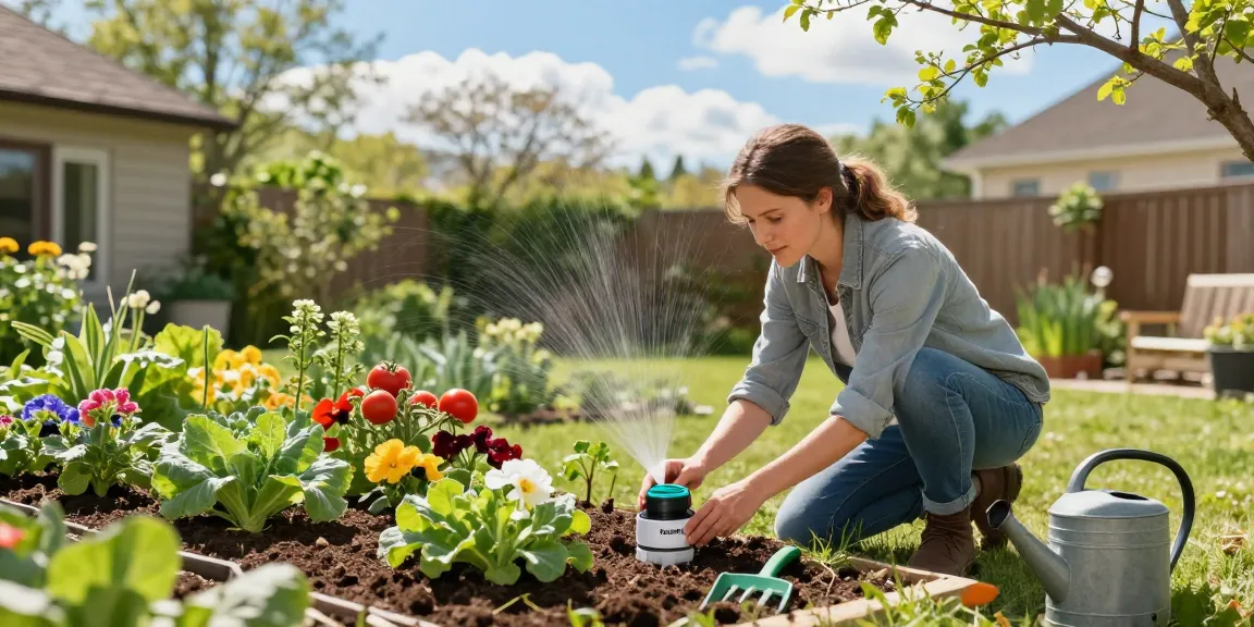 Efficient use of a rainpoint sprinkler timer in a vibrant garden scene with flourishing plants.