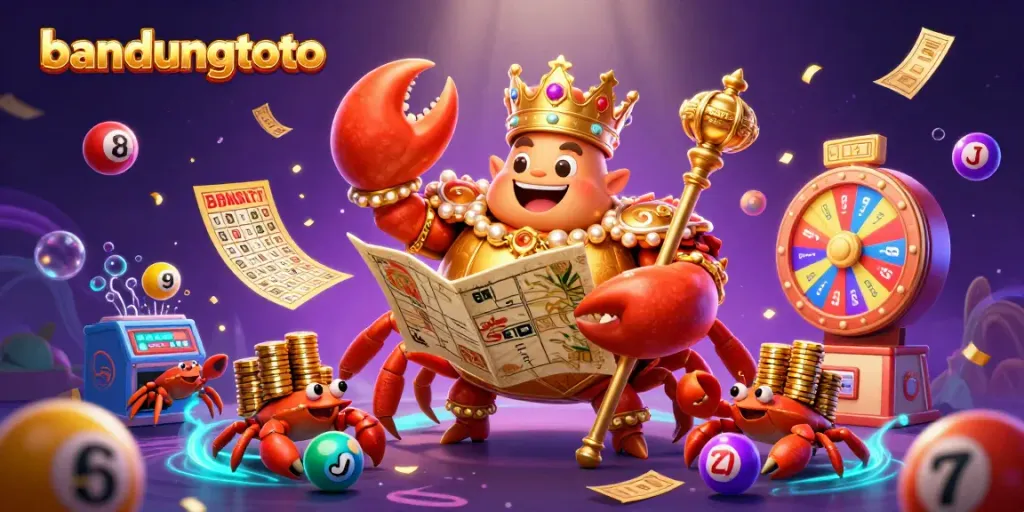 Engage with bandungtoto’s festive lottery gaming scene featuring a golden crab emperor surrounded by vibrant elements.