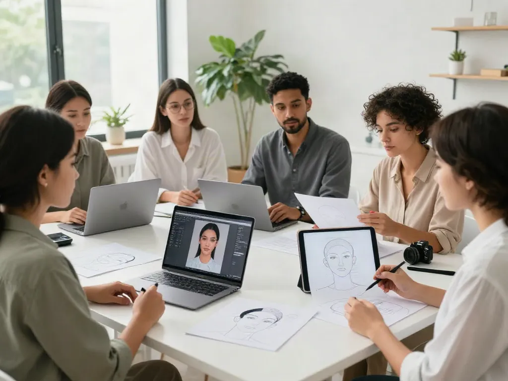Collaborative workspace discussing alternatives to QOVES analysis services with beauty professionals.