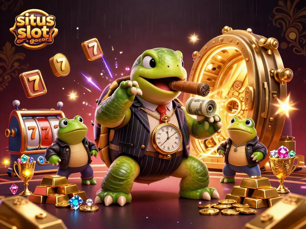 Engage with situs slot gacor in a vibrant casino setting featuring a snapping turtle in a suit and bullfrogs.