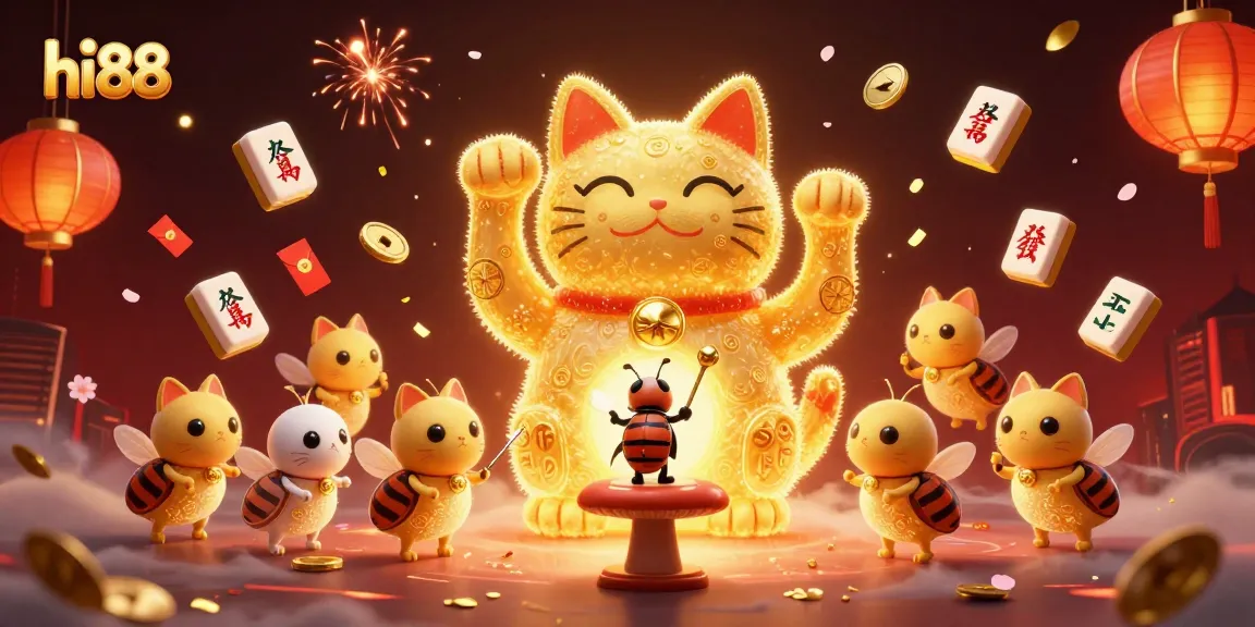 Experience thrilling wins at hi88 with a vibrant illustration of a lucky cat and casino elements.