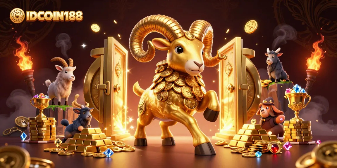 IDCOIN188 showcases a vibrant casino scene with dynamic golden characters and treasure elements symbolizing online gaming excitement.