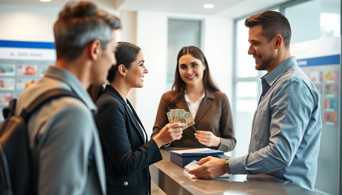 Helping a traveler with money exchange sydney in a bright, modern currency office.