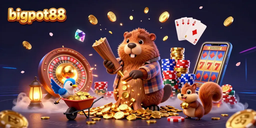 bigpot88 menampilkan beaver pemotong pohon yang mengumpulkan koin emas dalam dunia kasino yang penuh warna.