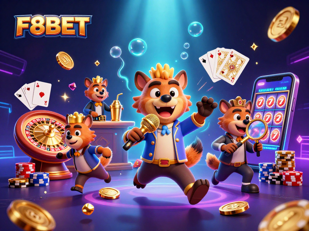 Enjoy thrilling gaming at F8BET with lively hyenas in a comedic casino scene.