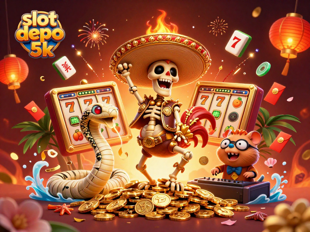 Engage with slot depo 5k featuring a festive 3D skeleton mariachi and vibrant casino elements.