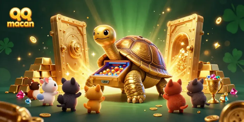 Engage in thrilling gameplay with qq macan as a colossal golden tortoise pinball machine captivates small animals.