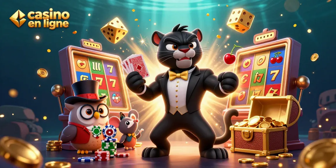 Illustration d'un casino en ligne avec une panthère élégante distribuant des cartes et des équipements de jeu.