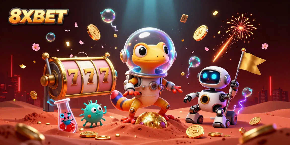 Experience winning spins at 8XBET's vibrant casino scene with the playful Martian gecko.