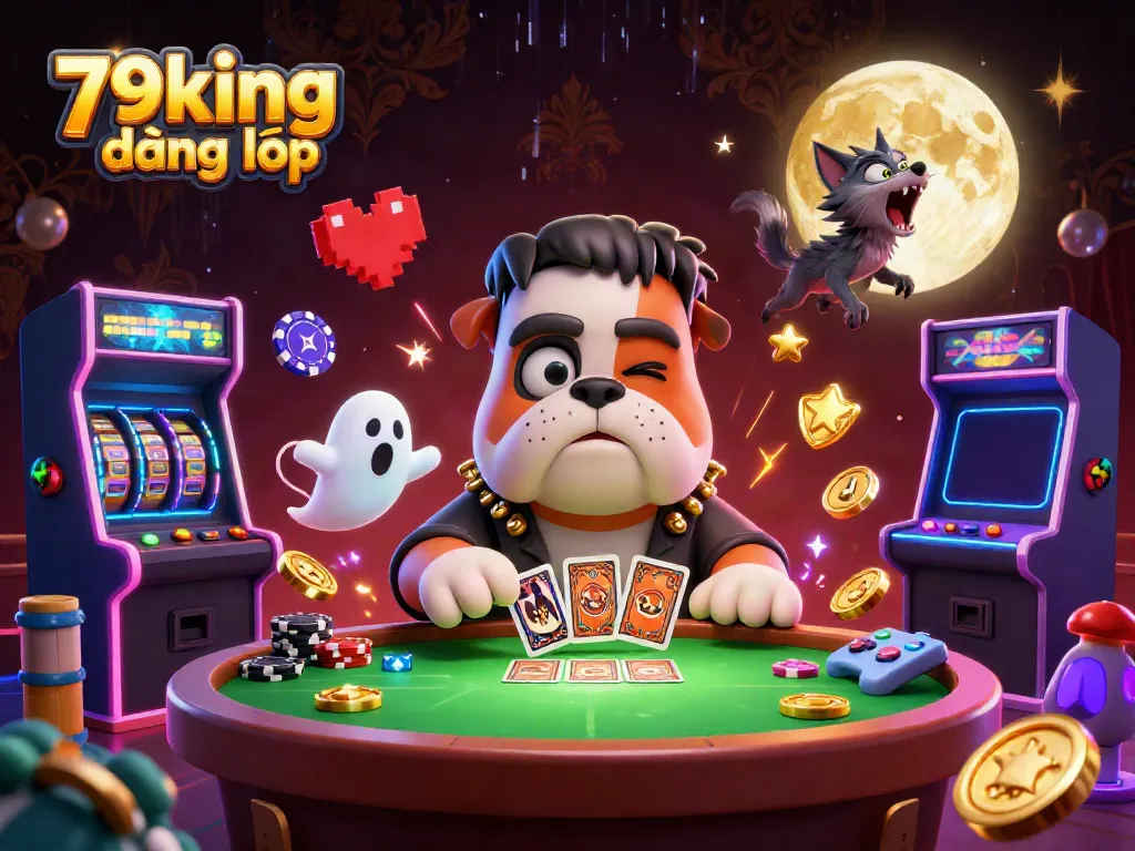 Engage in thrilling gameplay at 79king đăng nhập with a lively 3D casino scene featuring a Frankenstein bulldog dealer.